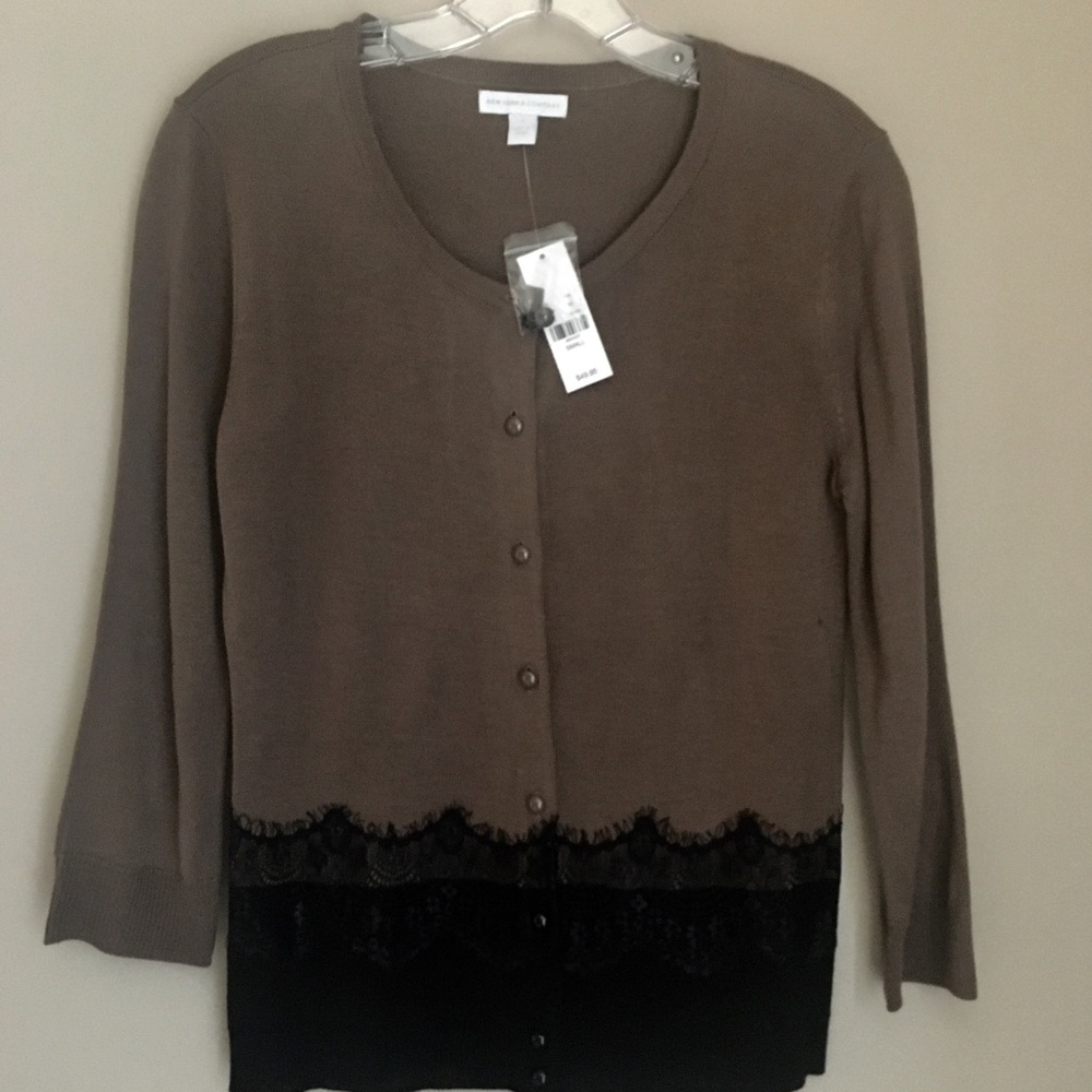 Brown Cardigan Sweater w/ Black Lace Panel NWT